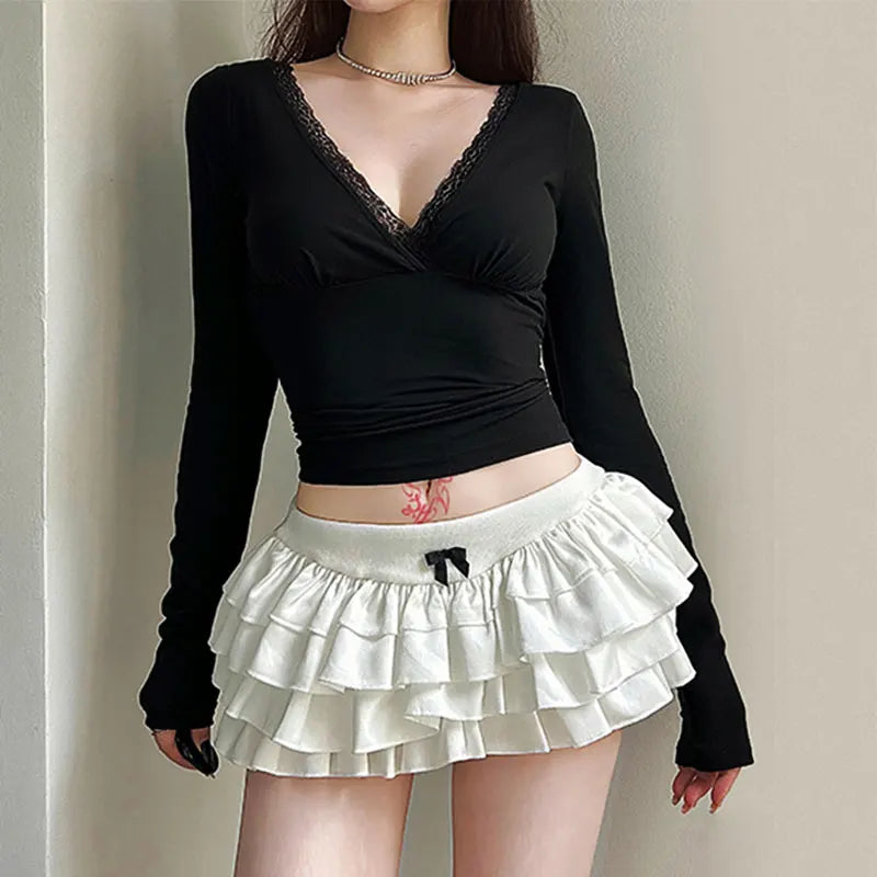 Women's T-shirtBlack Sexy V-Neck Lace T-shirt Streetwear Fashion Long Sleeves Female Versatile Casual Slim Tees Top
