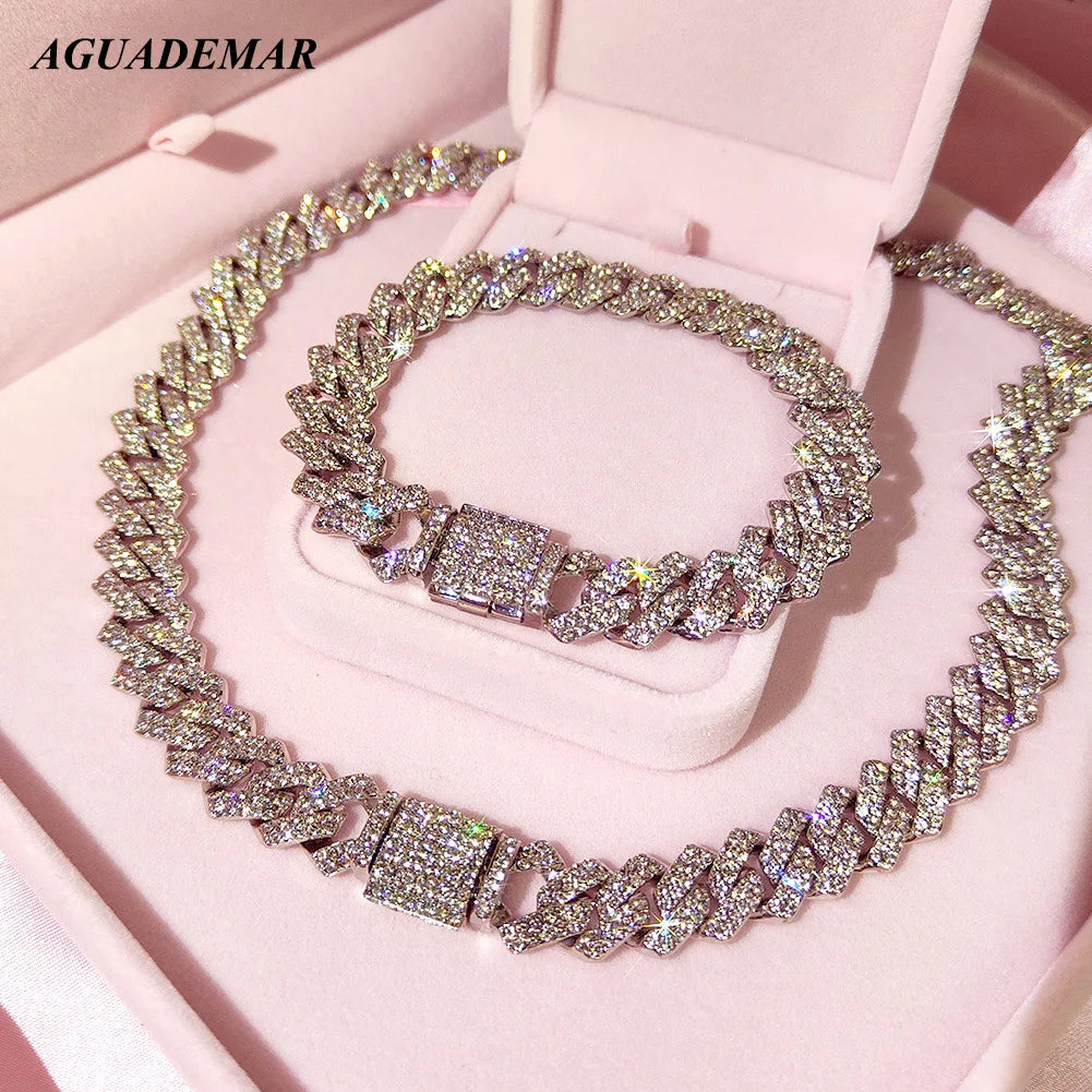 Silver Color 14mm Prong Miami Cuban Link Chain For Women Iced Out 2 Row Rhinestones Square Cuban Link Choker