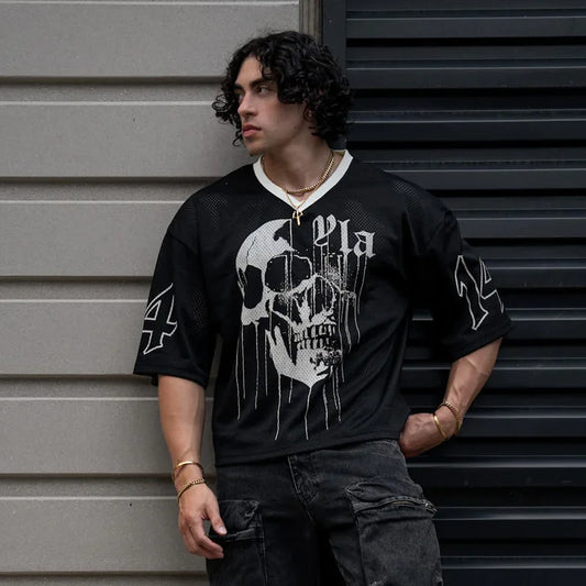 YA Trendy Brand Super Large T-shirt Men Sports Fitness Quick Breathable Large Mesh Printed Short Sleeve Top
