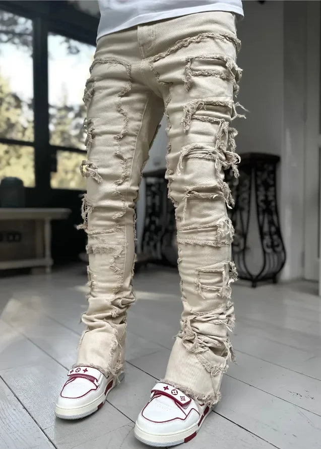 Men's Stacked Jeans Ripped Slim Fit Pht Denim Jeans