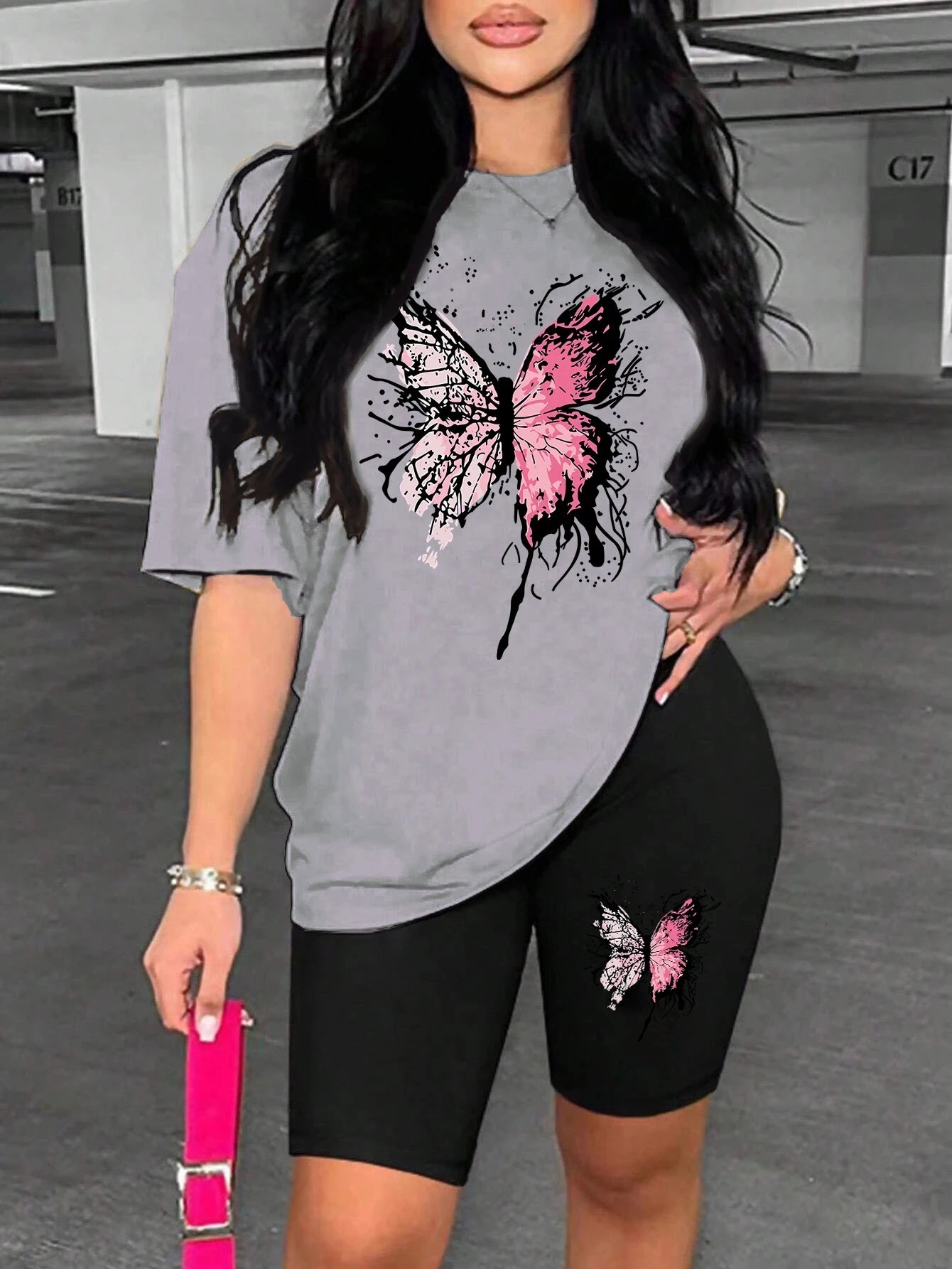 Beautiful Butterfly Pattern Print For Women Short Sleeved Shorts Set Soft Essential Two Piece Set Sports Comfortable Shorts Sets