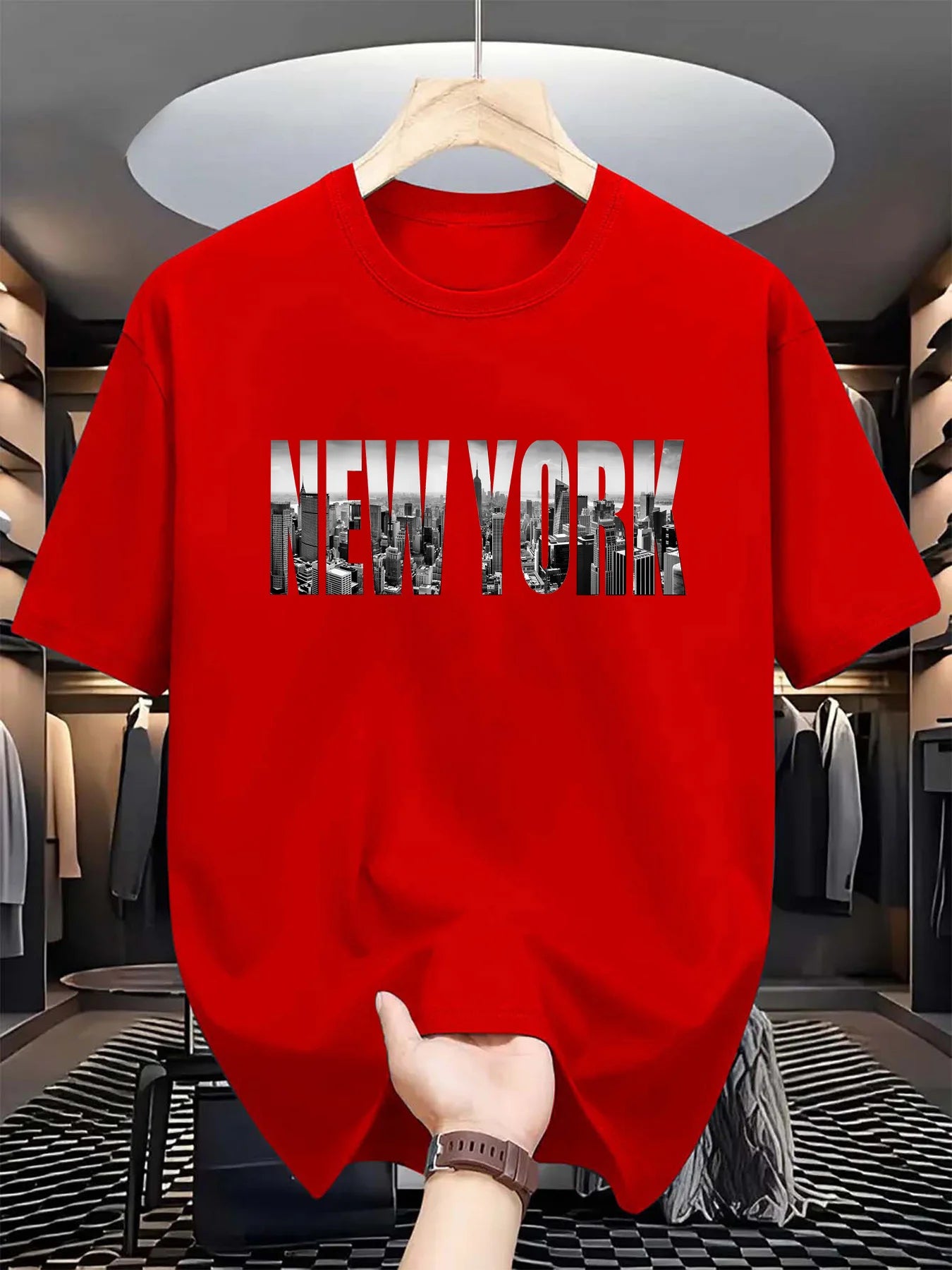 men's 100% pure cotton casual loose plus size New York City printed  comfortable round neck short sleeved T-shirt