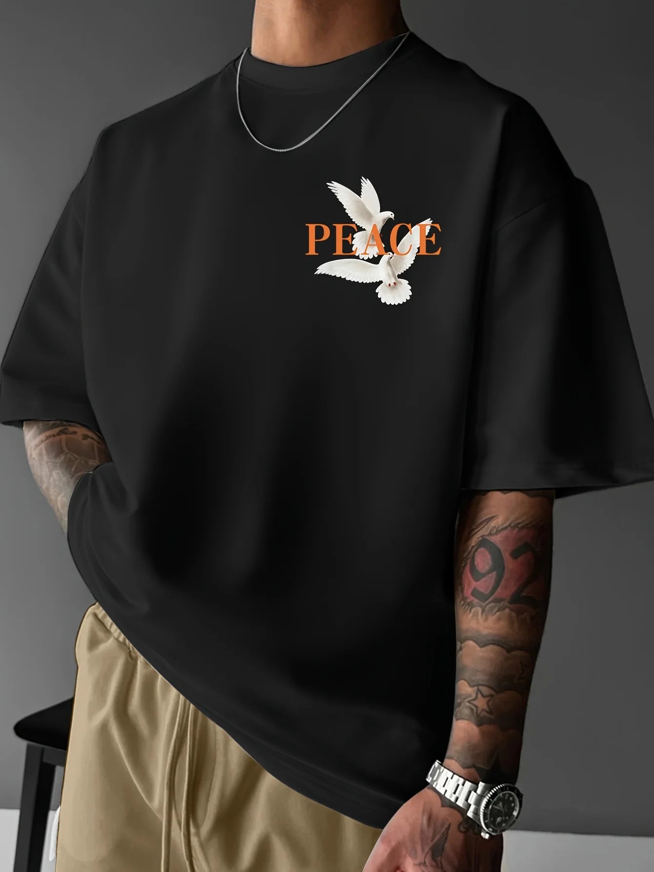 Men's  100% pure cotton fashionable casual loose and flat pattern printed sports round neck short sleeved T-shirt top