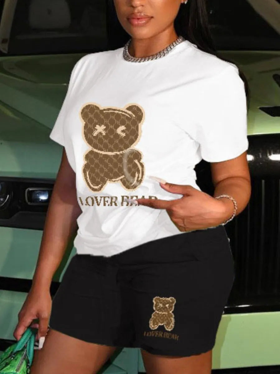women's loose and fashionable plus size cartoon bear print hooded sweater+woolen pants set