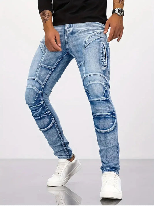 Two tone distressed patchwork jeans for men thin straight leg pants slim fit small leg distressed jeans