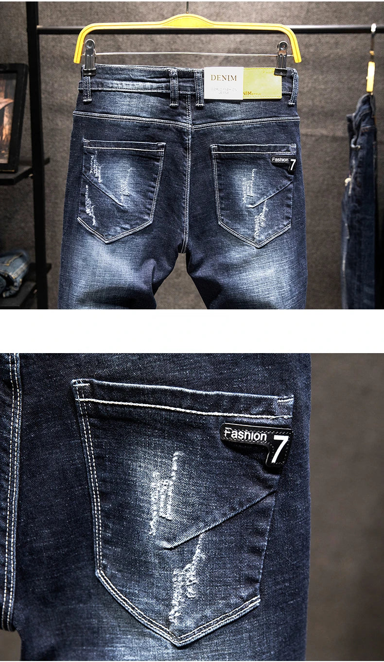 Ripped Jeans Men Slim-fit Denim Pants Fashion Elasticity Versatile Blue Black Men's Clothing