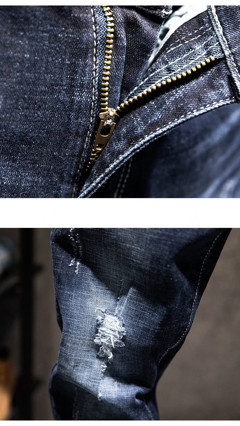 Ripped Jeans Men Slim-fit Denim Pants Fashion Elasticity Versatile Blue Black Men's Clothing