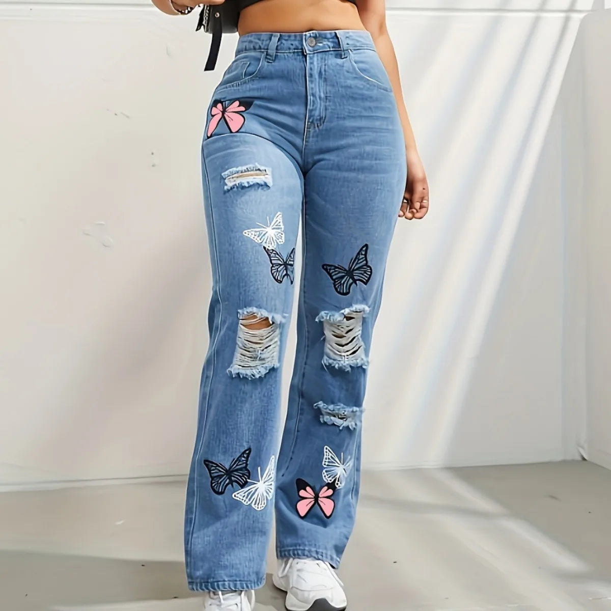 Butterfly Printing Denim Jeans Women Holes Jeans Straight Pants High Waist Loose Fit Vintage Casual Distressed Denims