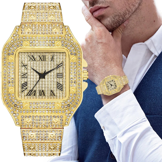 Classic Luxury Business Men's Steel Strap Square Roman Scale Rhinestone Quartz Watch
