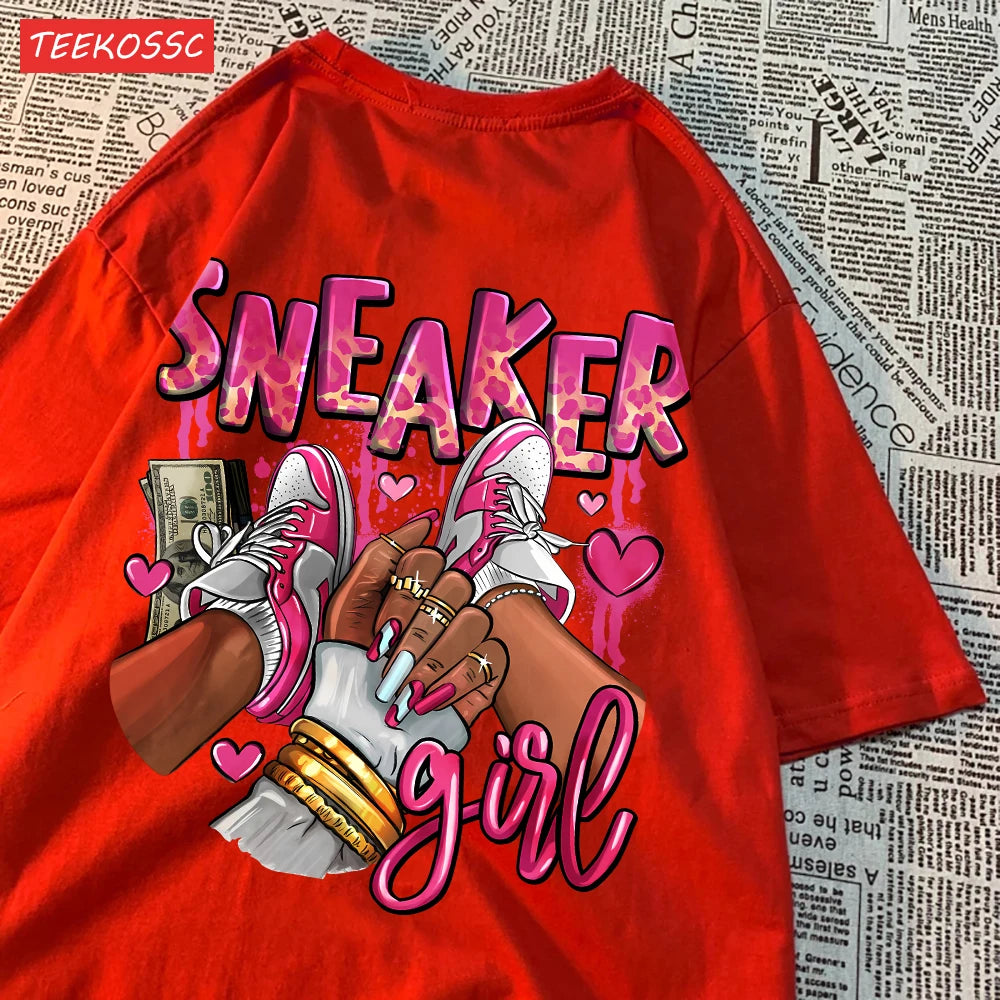 Womens T-Shirts Pink Sneaker Girl Prints Short Sleeve O-Neck Oversize Breathable Fashion Female Clothes