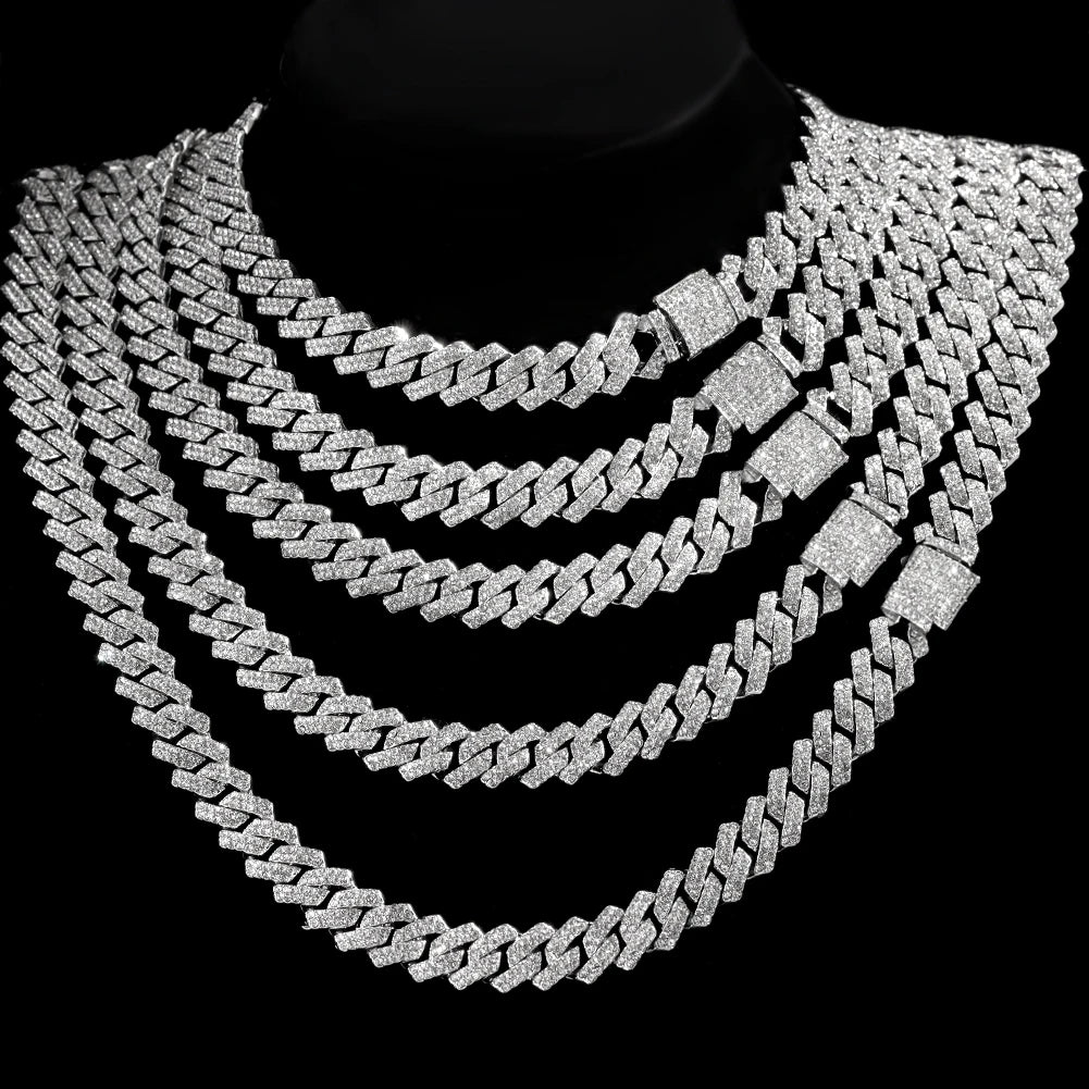 Men Women 14MM Prong Cuban Link Chain Necklace Bling Iced Out 2 Row Rhinestone Cuban Necklace Jewelry