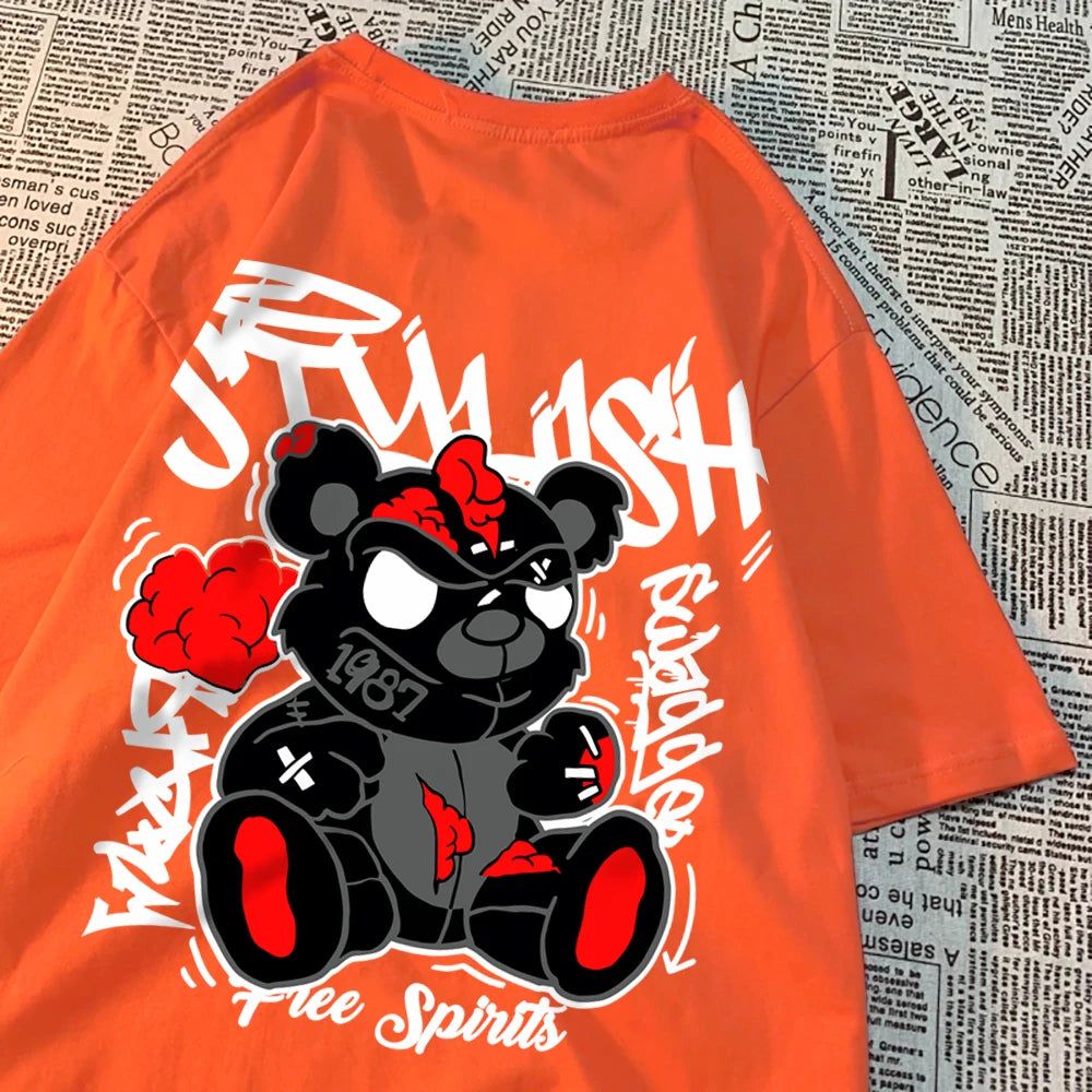 Exploding Black Puppet Bear MenT-Shirts High Quality Cotton Tops Loose T Shirts