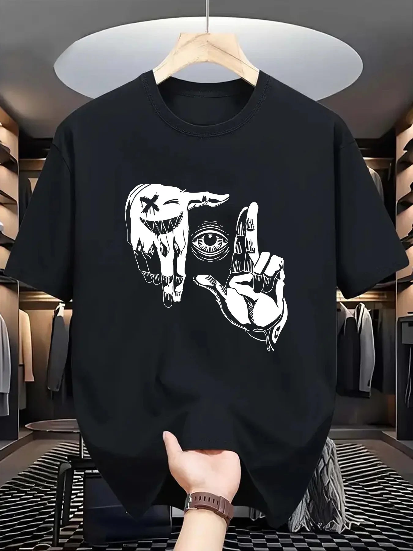 r men's 100% pure cotton casual loose plus size gesture eye personalized pattern printed round neck short sleeved T-shirt