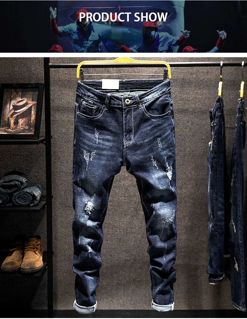 Ripped Jeans Men Slim-fit Denim Pants Fashion Elasticity Versatile Blue Black Men's Clothing