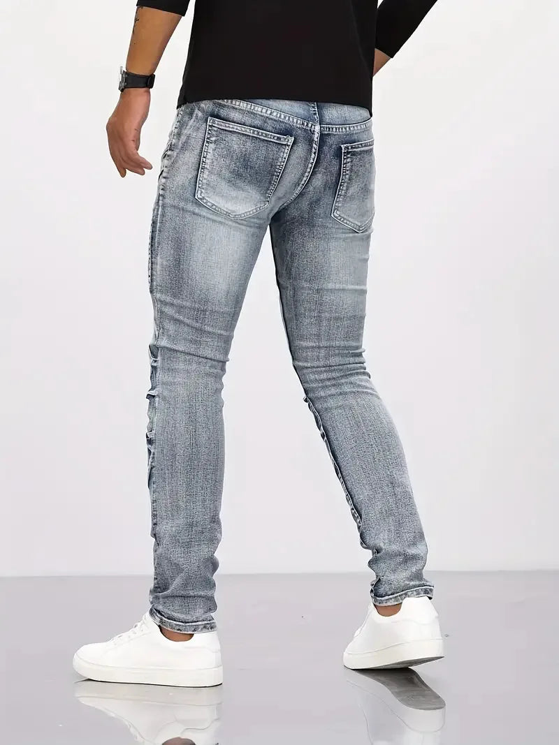 Two tone distressed patchwork jeans for men thin straight leg pants slim fit small leg distressed jeans