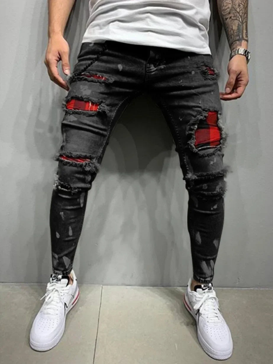 Jeans Pencil Pants Holes Distressed Men Streetwear Denims Mid Waist Slim Fit Washed Denim Ankle Length