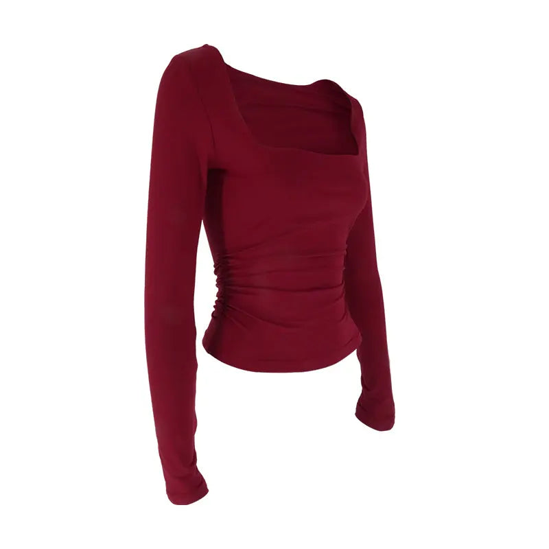 Women Sexy Low Chest Solid Elegant T-shirt Streetwear Fashion Long Sleeves Casual Slim Versatile Female Tees