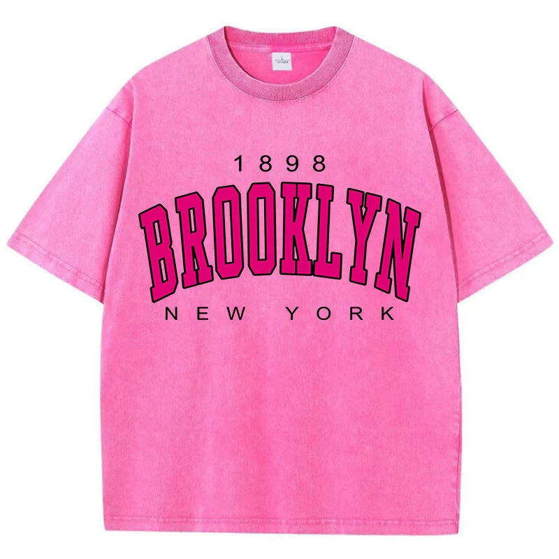 Womans Cotton Washed T-Shirts Fashion Loose O-Neck Short Sleeve Brooklyn New York Printing Tops Female Clothes