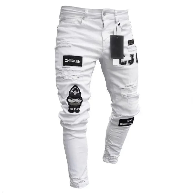 Plus Size Pants Men Skinny Ripped Hole Patchwork Jeans Slim Pencil Denim Streetwear Men's