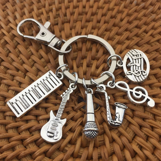 Keychain Musician Pianist Keyring Piano Keyboard Guitar Saxophone Notes Casual Jewelry Handmade