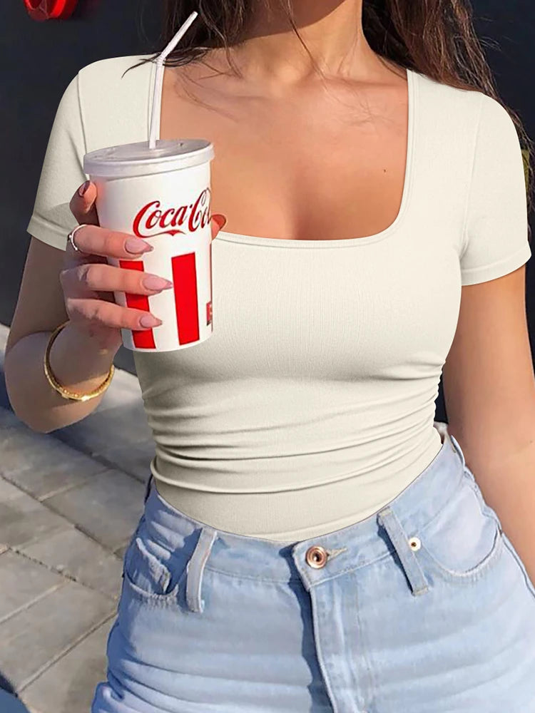 Summer Slim Sexy Women Sports Running Fitness Crop Tops Women's Classic Fashion Shorts Sleeves Crew Neck T-Shirt