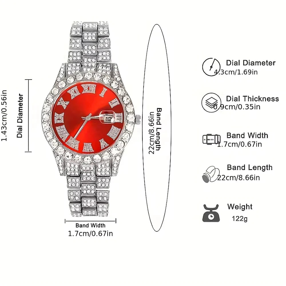 3pcs Cuban Chain Watch for Men Miami Curb Iced Out Paved Rhinestones Rapper Cuban Necklace Suit Watch+Bracelet Jewelry