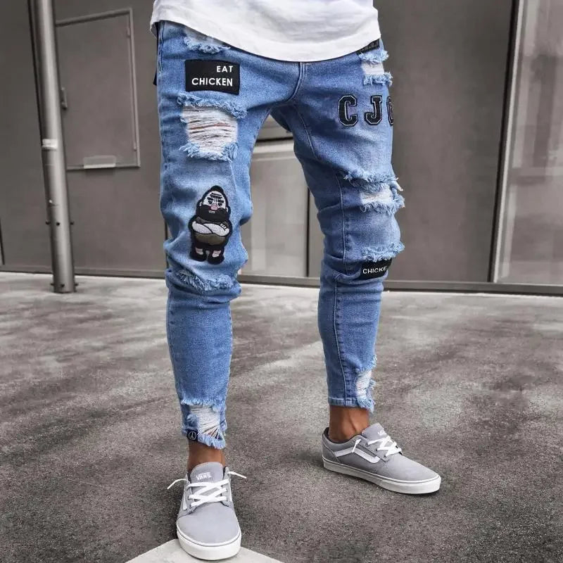 Plus Size Pants Men Skinny Ripped Hole Patchwork Jeans Slim Pencil Denim Streetwear Men's