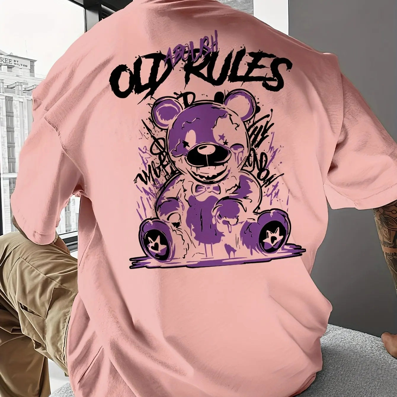 Men's Cotton Fashionable Casual Loose Large Cartoon Bear Pattern Printed Round Neck Short Sleeve T-shirt Top