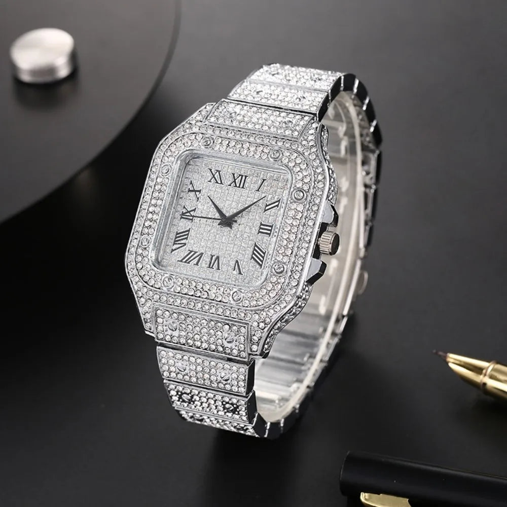 Classic Luxury Business Men's Steel Strap Square Roman Scale Rhinestone Quartz Watch