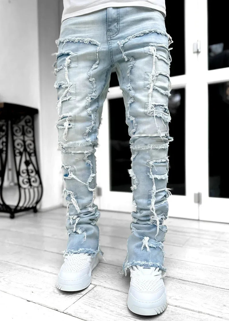 Men's Stacked Jeans Ripped Slim Fit Pht Denim Jeans