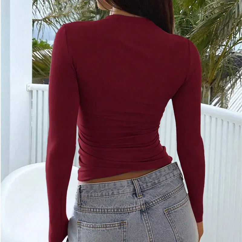 Women Sexy Low Chest Solid Elegant T-shirt Streetwear Fashion Long Sleeves Casual Slim Versatile Female Tees