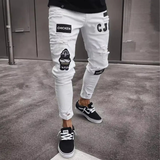 Plus Size Pants Men Skinny Ripped Hole Patchwork Jeans Slim Pencil Denim Streetwear Men's