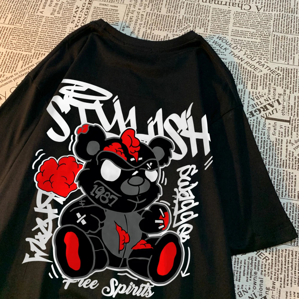 Exploding Black Puppet Bear MenT-Shirts High Quality Cotton Tops Loose T Shirts