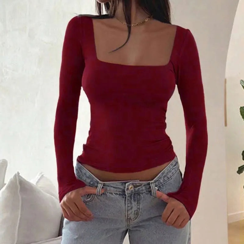 Women Sexy Low Chest Solid Elegant T-shirt Streetwear Fashion Long Sleeves Casual Slim Versatile Female Tees