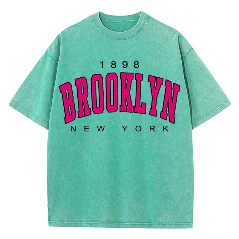 Womans Cotton Washed T-Shirts Fashion Loose O-Neck Short Sleeve Brooklyn New York Printing Tops Female Clothes