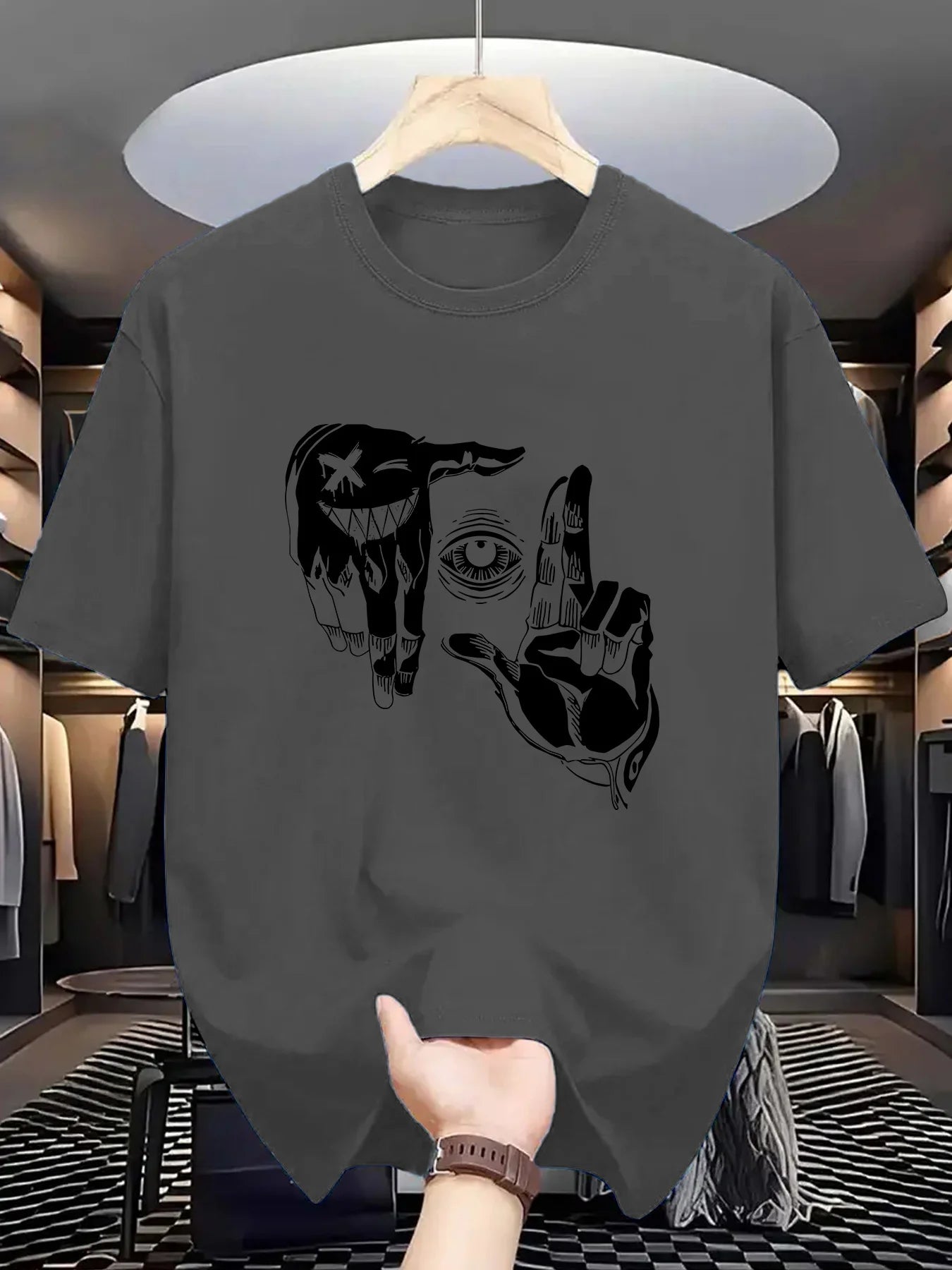 r men's 100% pure cotton casual loose plus size gesture eye personalized pattern printed round neck short sleeved T-shirt