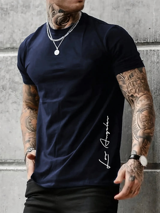 Men's 100 cotton summer loose Contrast Color los Angelest print slim fit casual round neck short sleeved T-shirt