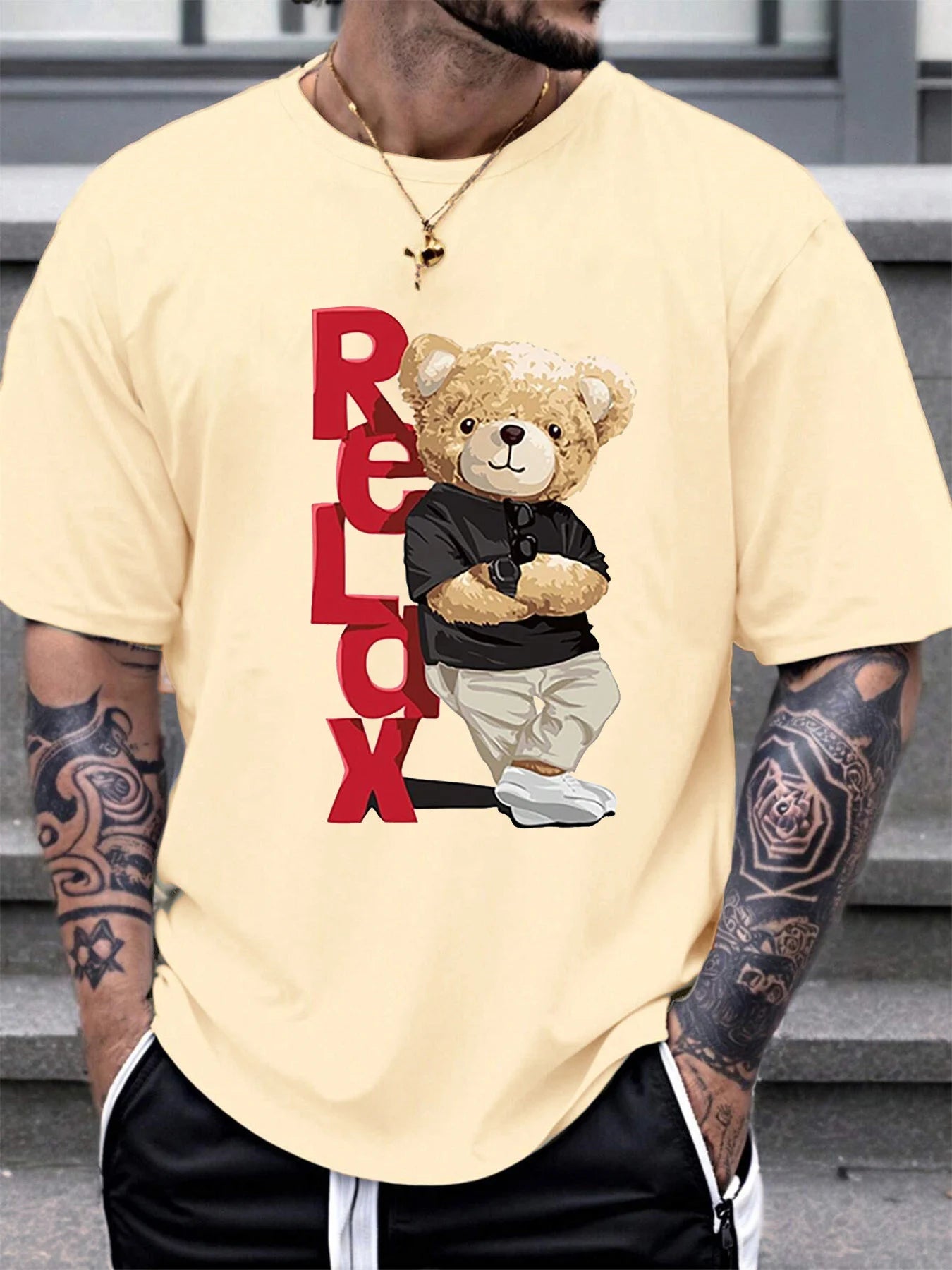 Men's 100% Cotton Fashionable Casual Loose Large Size Letter Bear Printed Sports Round Neck Short Sleeve T-shirt Top