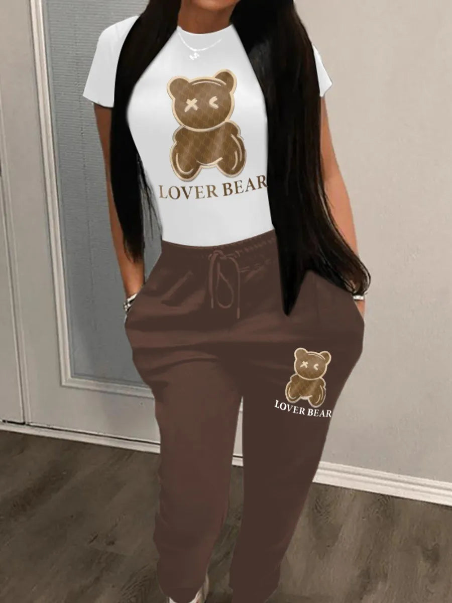 women's loose and fashionable plus size cartoon bear print hooded sweater+woolen pants set