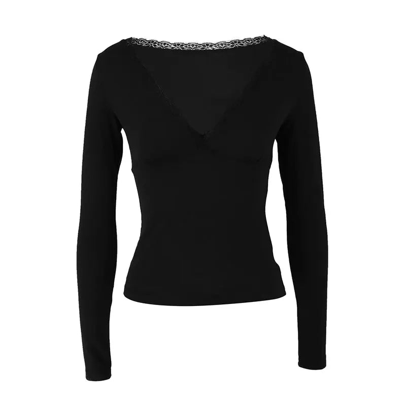 Women's T-shirtBlack Sexy V-Neck Lace T-shirt Streetwear Fashion Long Sleeves Female Versatile Casual Slim Tees Top