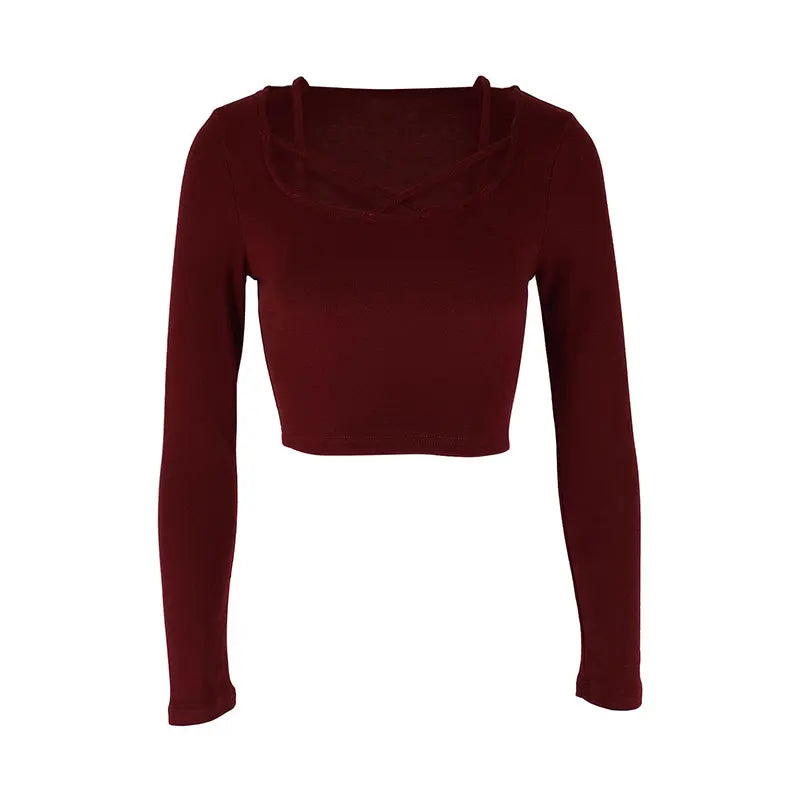 Sexy Wine Red Women's T-shirt  Hollow Out Low Chest Top New Fashion Long Sleeves Casual Slim Female Top