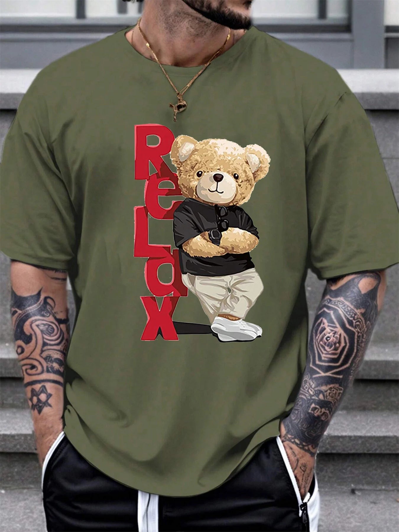 Men's 100% Cotton Fashionable Casual Loose Large Size Letter Bear Printed Sports Round Neck Short Sleeve T-shirt Top