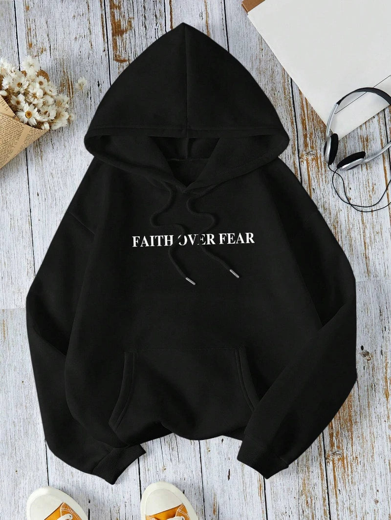 Casual Women's Hoodies Faith Over Fear Letter Printing Sweatshirts Fleece Warm Comfortable Pocket Streetwear