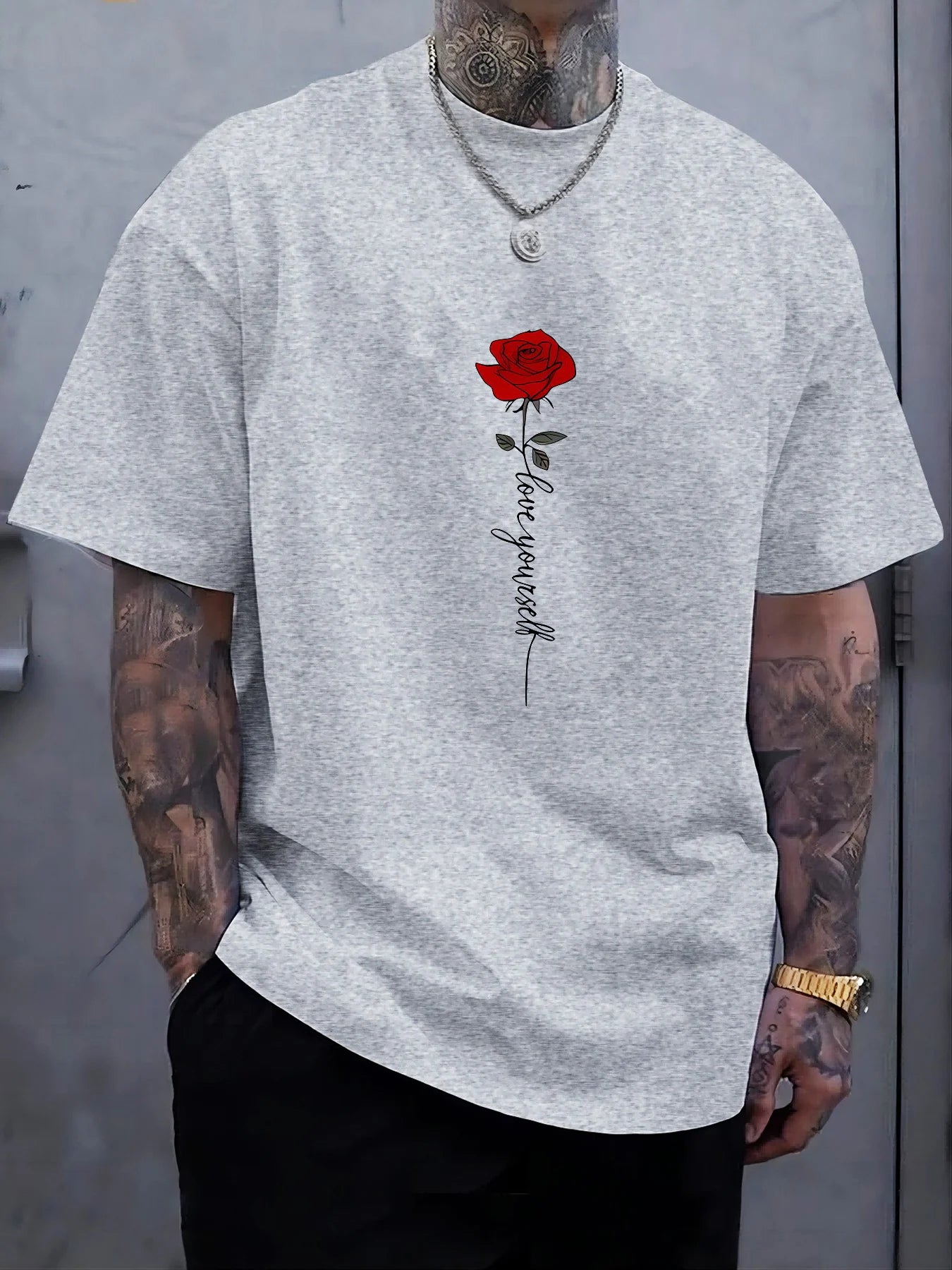 Men'scotton fashionable casual sports loose red rose printed round neck short sleeved T-shirt top