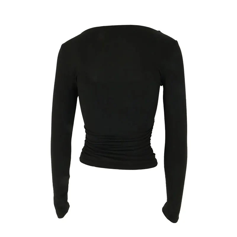 Women Sexy Low Chest Solid Elegant T-shirt Streetwear Fashion Long Sleeves Casual Slim Versatile Female Tees