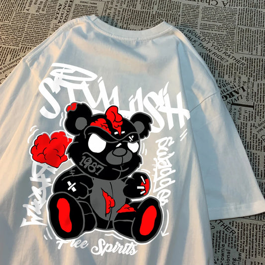Exploding Black Puppet Bear MenT-Shirts High Quality Cotton Tops Loose T Shirts