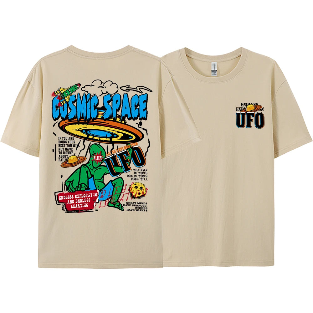 Cosmic Space Ufo Aliens Graphic Printed Male Tops Fashion Street T-ShirtCasual Cotton Tshirt Oversized Loose Tees