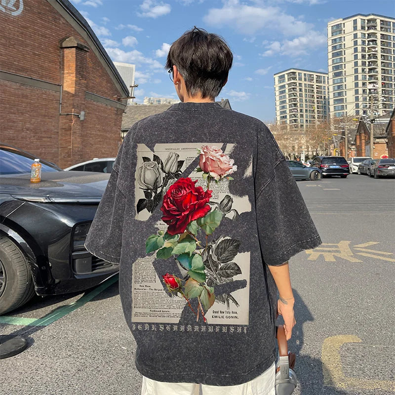 Gothic T-Shirt for Men Vintage Rose Graphic Short Sleeve Tee Tops Street Men Women Clothing