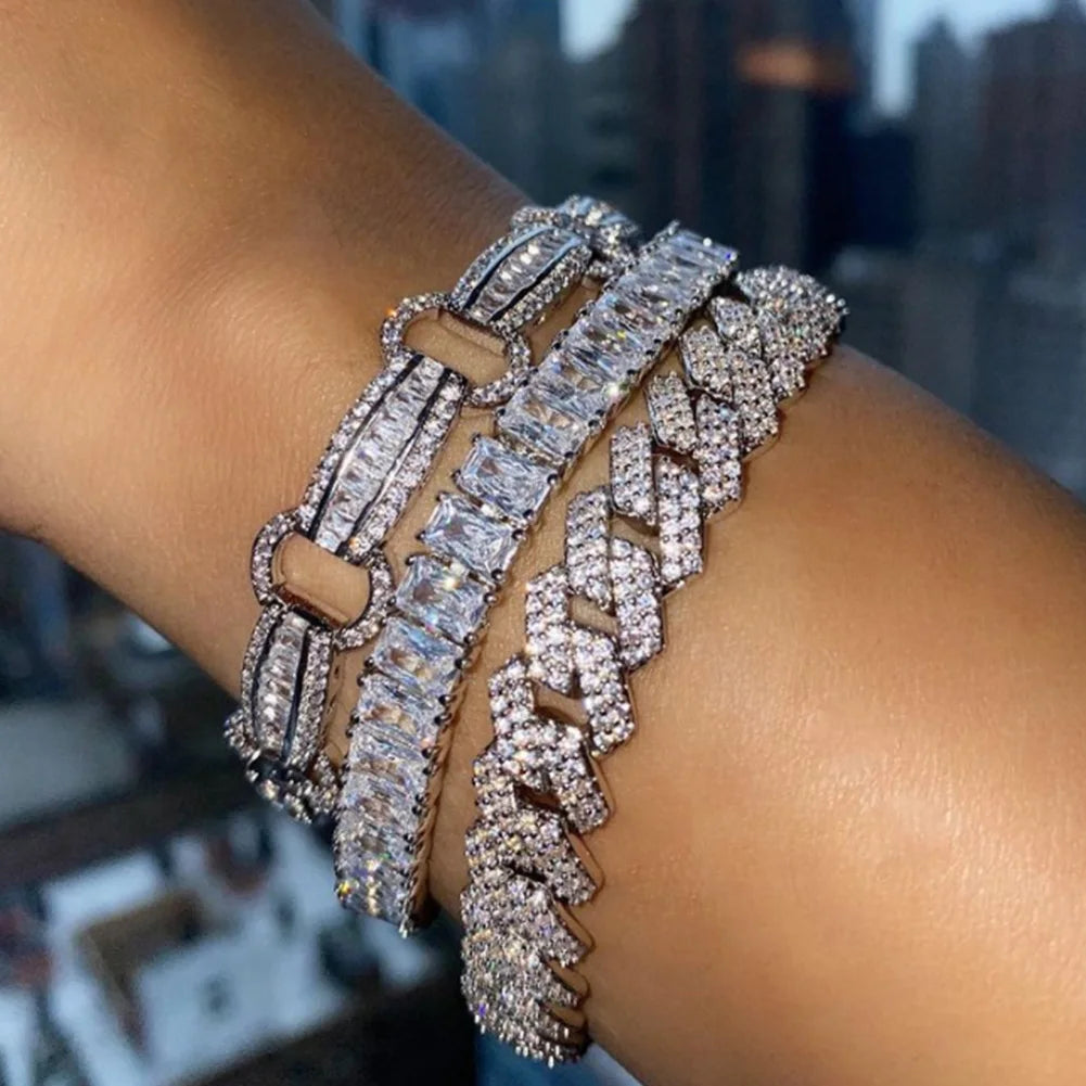 Silver Color 14mm Prong Miami Cuban Link Chain For Women Iced Out 2 Row Rhinestones Square Cuban Link Choker