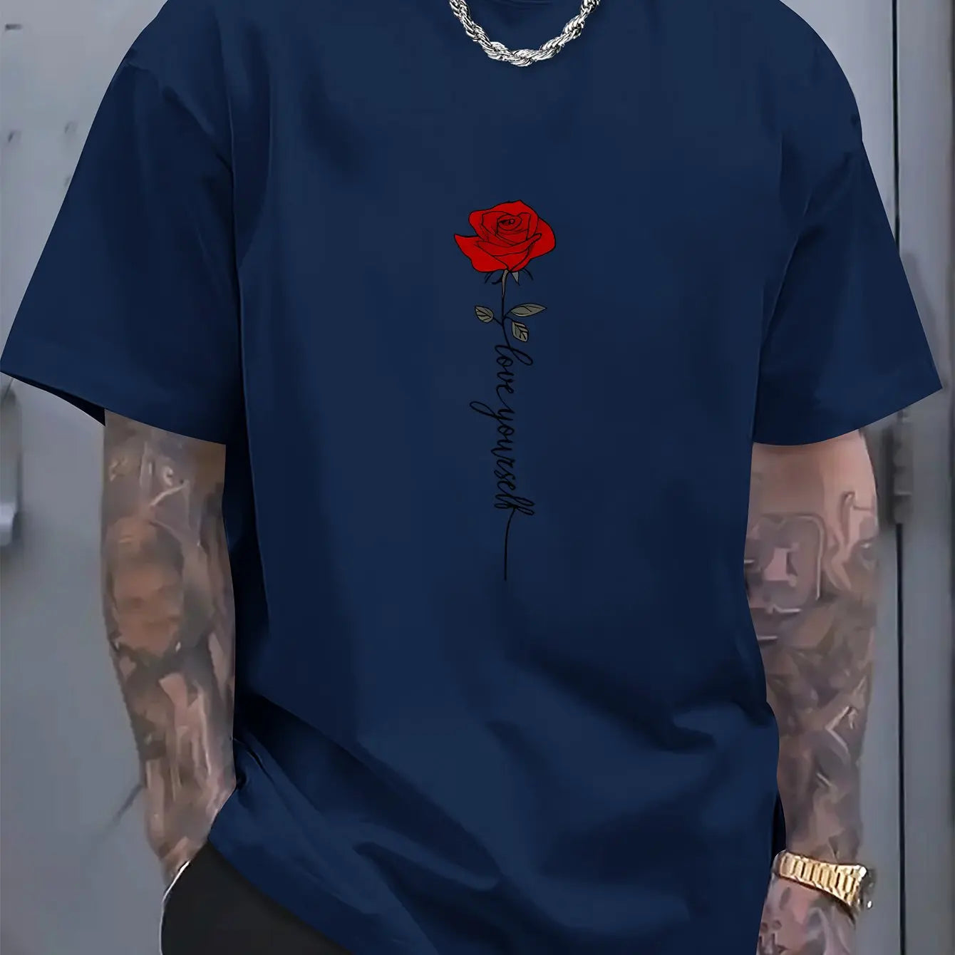 Men'scotton fashionable casual sports loose red rose printed round neck short sleeved T-shirt top
